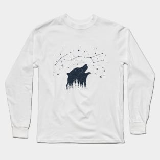 Inspirational Illustration With Bear, Stars And Forest In Double Exposure Style Long Sleeve T-Shirt